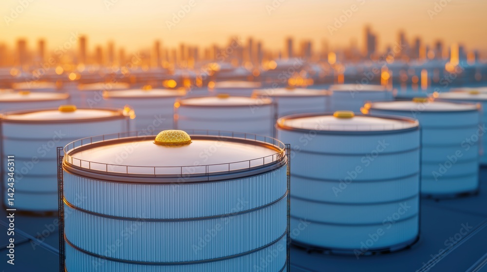 Industrial Storage Tanks at Sunset City Skyline Aerial View Oil and Gas Industry Urban Environment