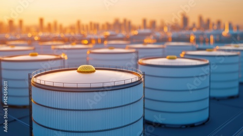 Obraz na płótnie Industrial Storage Tanks at Sunset City Skyline Aerial View Oil and Gas Industry Urban Environment w salonie
