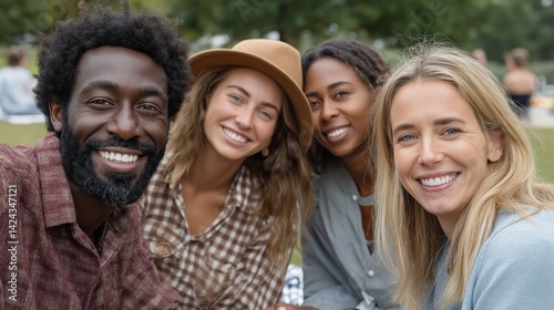 Four friends gather on a sunny day in a vibrant park, exchanging smiles and enjoying each other's company. Laughter fills the air as they capture the moment together, radiating happiness.