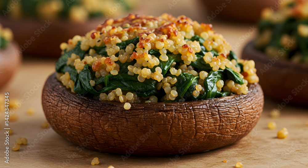 Stuffed Portobello Mushroom With Spinach and Quinoa Filling Close Up Stuffed Portobello Mushroom With Spinach and Quinoa Filling Close Up