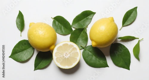 Obraz na płótnie Fresh lemons with green leaves on white. Food background. Top view w salonie