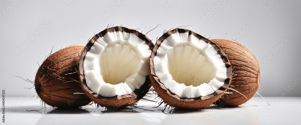 Fresh open coconut on grey background