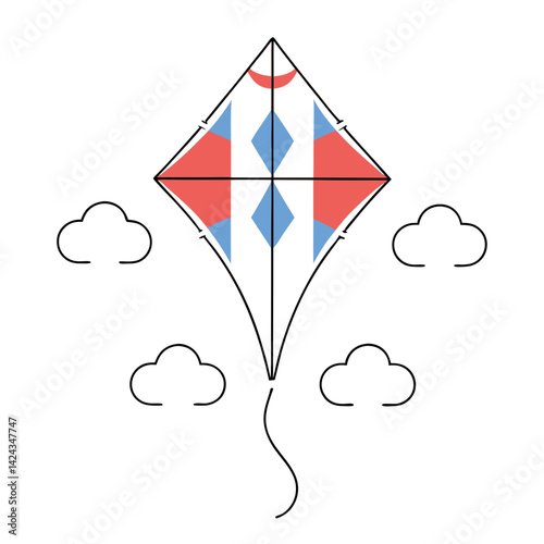 A cheerful diamond kite soars playfully amidst fluffy white clouds, a vibrant symbol of carefree fun and summer days with simple line art and pastel colors.