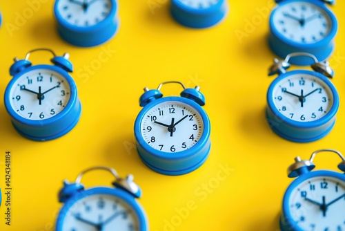 Bright blue timers arranged on a vivid yellow background showcasing a modern design and playful aesthetics suitable for various settings