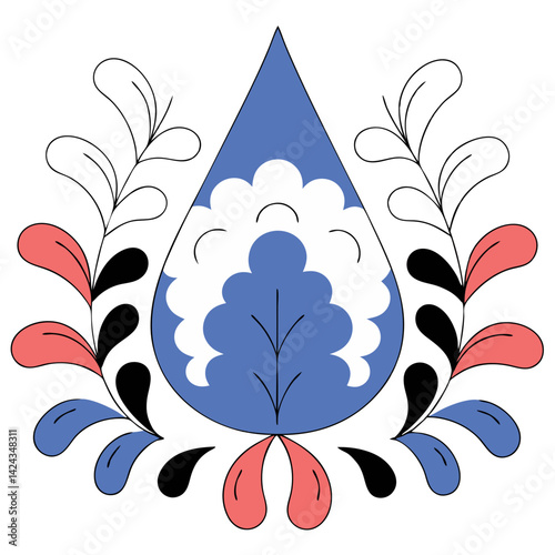 A stylized teardrop design, blooming with life, encircled by vibrant floral accents in a cheerful palette of blues, corals, and blacks.