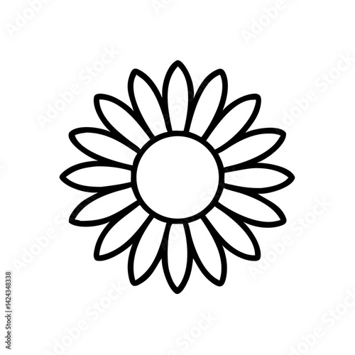 A vibrant daisy blooms, symbolizing purity and new beginnings, a simple bold line drawing against a stark white background.