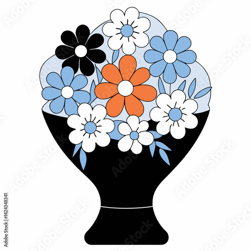 A vibrant bouquet of cheerful flowers in a stylish black vase, boasting a retro design with bold colors and simple lines.