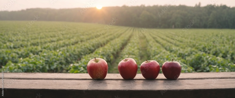 Fresh apples on table, orchard background. Autumn harvest