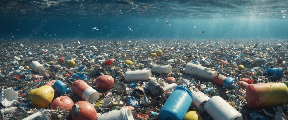 ocean plastic bags under the sea. The problem of ocean pollution with garbage.