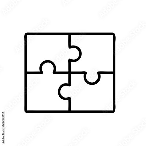 Four puzzle pieces interlocked, symbolizing unity, teamwork, and the completion of a shared goal through collaboration, with a bold black outline on a white background.