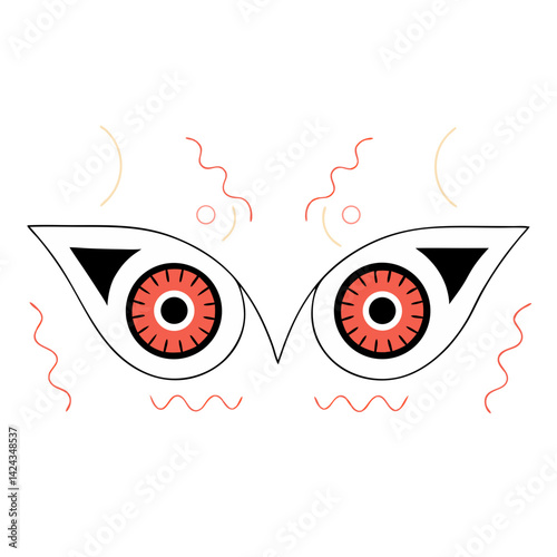 Intense red eyes peering from a stylized face, showcasing bold lines and playful swirls in a minimalist design.