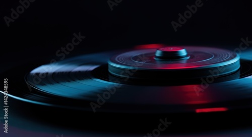 Close-up of spinning vinyl record with red and blue lighting