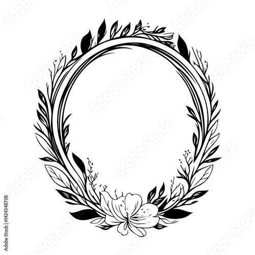 Decorative Floral Frame in Minimalist Black Line Art