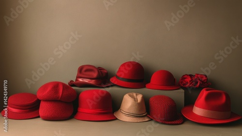 Obraz na płótnie A collection of different red hats, including a beret, cap, and sunhat, neatly arranged on a neutral surface to showcase their variety. w salonie