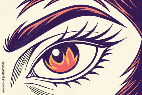 Fiery Stylized Eye Illustration with Bold Orange and Red Tones