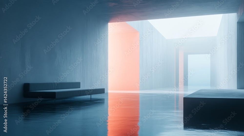 Fototapeta premium Modern Minimalist Concrete Room Interior With Orange Light
