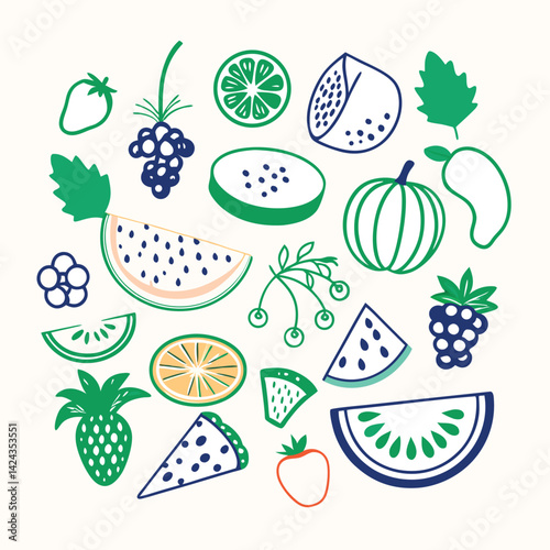 Adobe Illustrator ArtworkAssortment of healthy raw fruits and berries platter background, strawberries raspberries oranges plums apples kiwis grapes blueberries, mango, top view, selective focus Set o