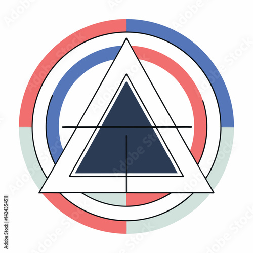 A centered navy triangle, sharply defined, nested within overlapping circles of coral, blue, and mint; a symbol of balance and harmony in a minimalist design.