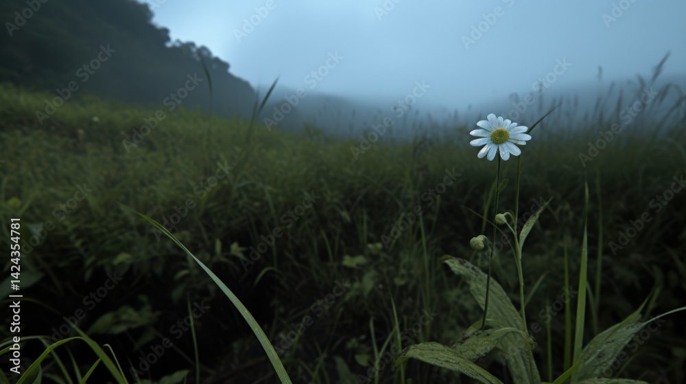 Obraz premium Delicate daisy blossom in foggy meadow emphasizing natures beauty and growth