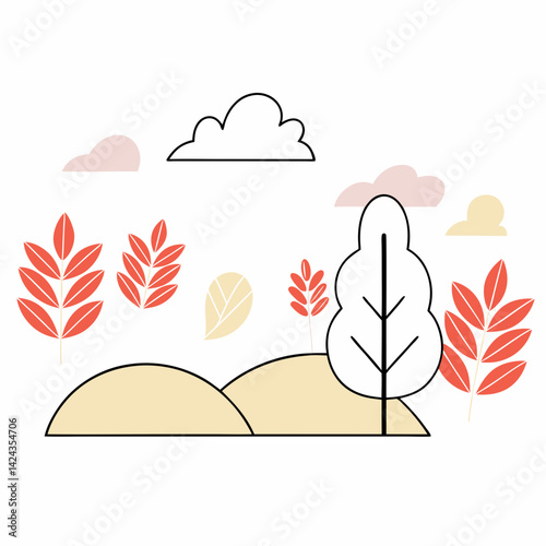 A peaceful autumn landscape featuring a single tree, gently rolling hills, and vibrant red leaves under a softly drawn sky.