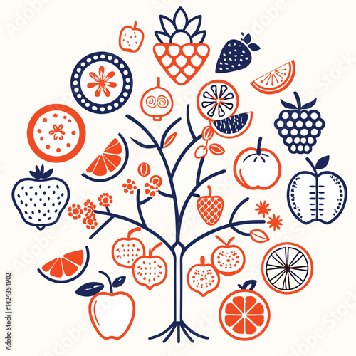 Adobe Illustrator ArtworkAssortment of healthy raw fruits and berries platter background, strawberries raspberries oranges plums apples kiwis grapes blueberries, mango, top view, selective focus Set o