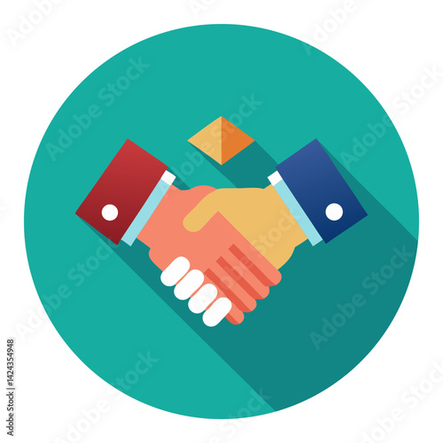 A strong handshake symbolizes a successful business partnership, a deal sealed with trust and collaboration, depicted in vibrant flat design with long shadows on a teal circle.