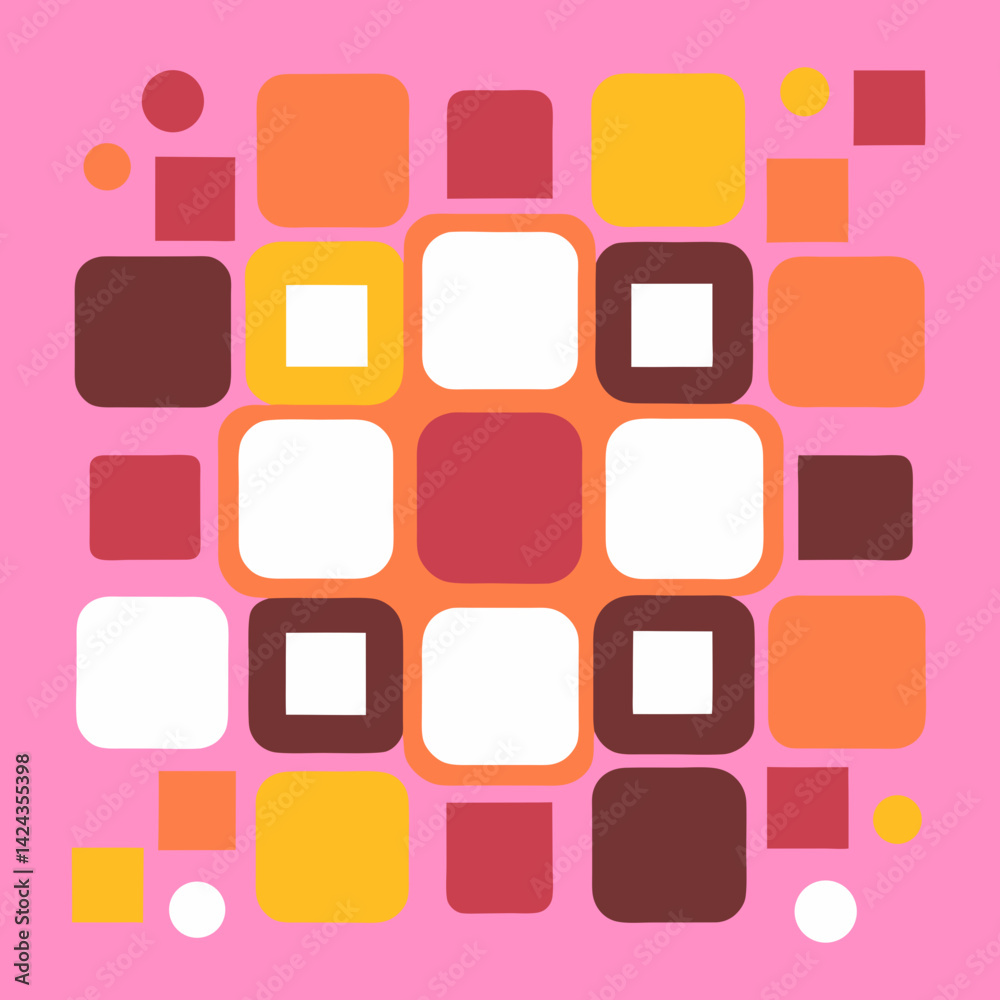 A vibrant mosaic of warm-toned squares creating a playful, geometric pattern on a soft pink background. A vibrant mosaic of warm-toned squares creating a playful, geometric pattern on a soft pink background.