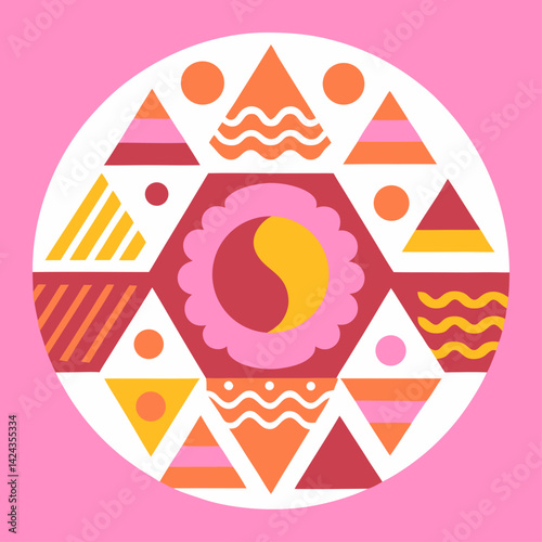 A vibrant mandala celebrating balance and harmony with a pink, orange, and red color palette in a bold geometric style.