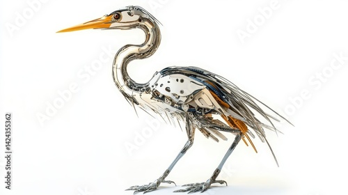 A metallic heron sculpture crafted from recycled materials. photo