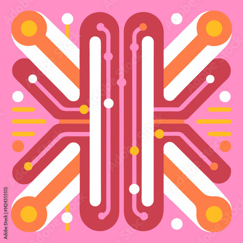 A vibrant network of interconnected pathways pulsating with energy and life, rendered in bold, playful colors on a soft pink background.