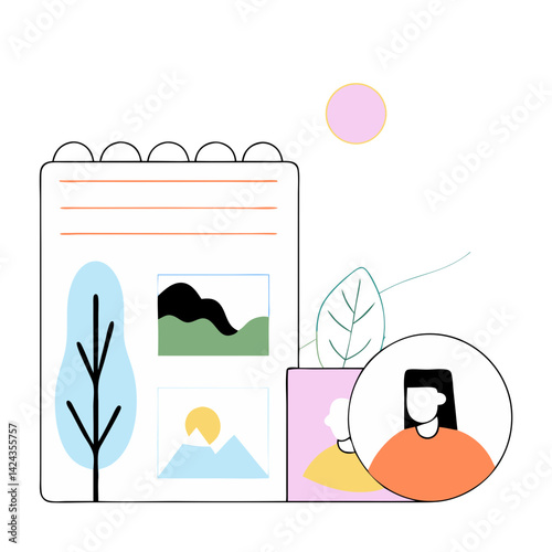 A woman shares her inspiring travel journal filled with scenic landscapes and vivid memories in a minimalist, colorful illustration style.