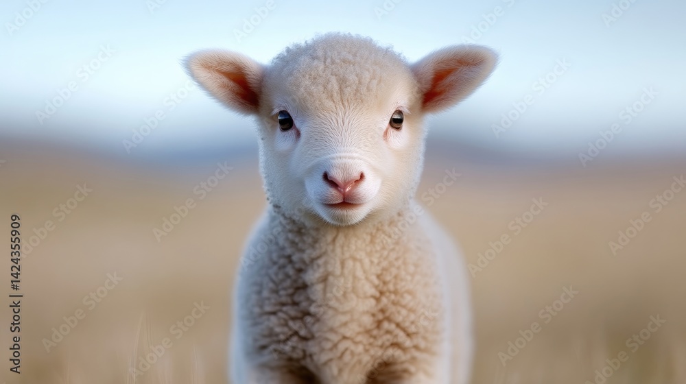Fototapeta premium Close-up portrait of a cute fluffy white lamb standing in a sunny pasture with a blurred background.