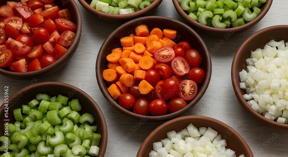 Various Chopped Vegetables Displayed Harmoniously In Bowls Ready For Cooking Various Chopped Vegetables Displayed Harmoniously In Bowls Ready For Cooking