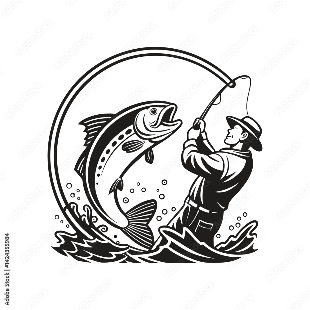 Fototapeta premium Vintage Fisherman Catching Big Fish Logo Illustration