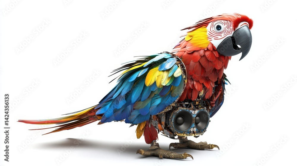 Fototapeta premium A vibrant macaw, crafted from recycled components, showcasing the beauty of upcycling.