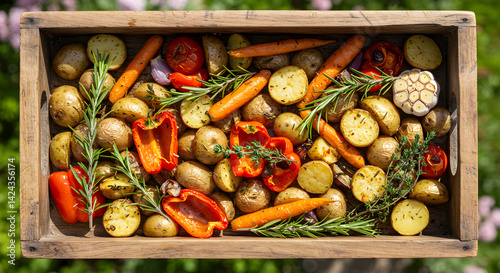 Roasted Vegetables In Wooden Tray Featuring Potatoes Carrots And Red Bell Peppers