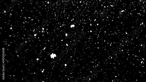 Snowstorm texture with white specks, ideal for winter themed designs, transparent backgrounds, holiday cards, or adding a snowy effect to overlay graphics.