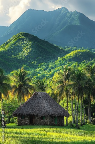 A rustic thatchedroof cottage nestled among palm trees and lush green fields, mountains looming in the distance photo