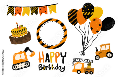 cute set construction site element kids boy birthday party frame celebration invitation card design theme in orange black yellow colorful bright vibrant color heavy machinery digger crane clipart