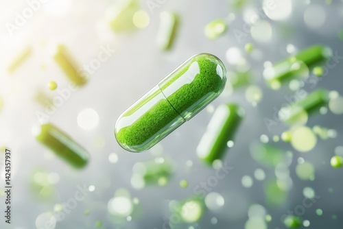 Green capsules float in a vibrant, digital display.