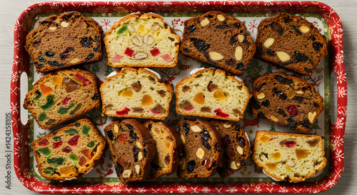 Festive Slices Of Fruitcake Displayed On A Holiday Themed Serving Tray