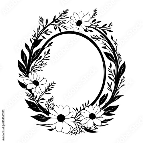 Elegant Floral Frame in Black and White Drawing