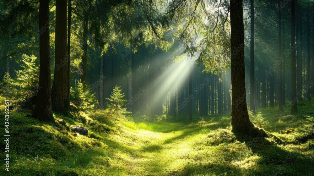 Obraz premium Sunbeams Illuminating a Mystical Forest Path