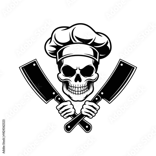Culinary Grim Reaper: A striking emblem features a skeletal chef, wielding cleavers with an ominous chef's hat, embodying a bold yet macabre representation of the culinary world.