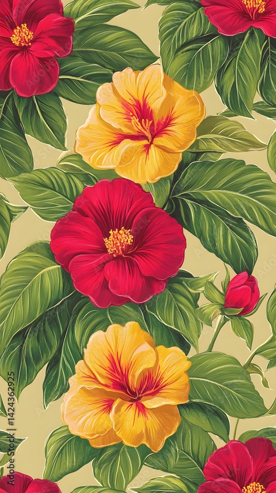 Vibrant Red and Yellow Hibiscus Floral Seamless Pattern Vibrant Red and Yellow Hibiscus Floral Seamless Pattern