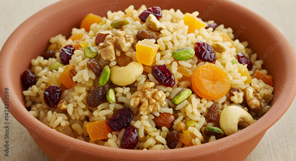 Exotic Rice Pilaf Topped With Fruits And Nuts In Clay Bowl Exotic Rice Pilaf Topped With Fruits And Nuts In Clay Bowl