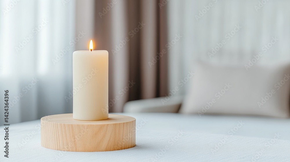 A single, lit candle on a wooden stand. Soft, warm lighting in a home interior A single, lit candle on a wooden stand. Soft, warm lighting in a home interior