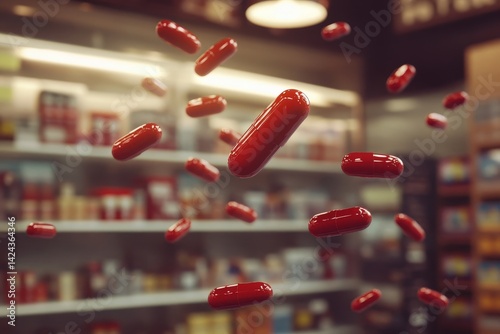 Red pills levitate amidst pharmacy shelves. photo