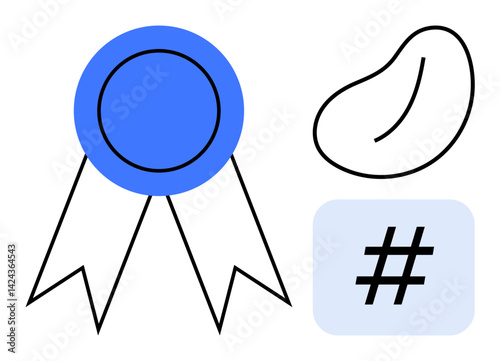 Blue ribbon with two tails, outlined abstract bean shape, and metadata tag symbol in blue background. Ideal for achievement, recognition, trends, community, creativity, branding simple landing page