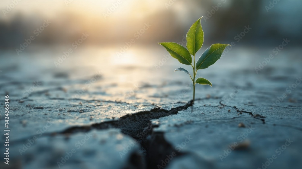 Sprout emerging from crack in the ground, sun shining Sprout emerging from crack in the ground, sun shining